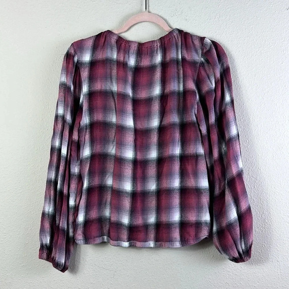 Cloth & Stone Anthropologie Glacier Plaid Elastic Cuff Blouse Raspberry Pink M - Picture 7 of 12